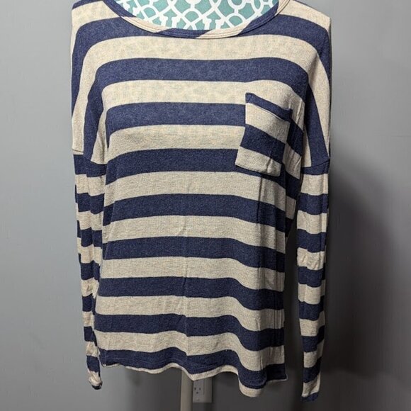 Forever 21 Tan/Navy Stripped Long Sleeve Top with pocket Women Medium - Picture 1 of 5